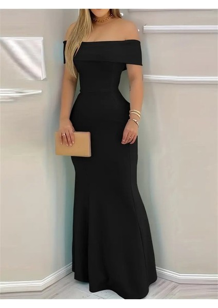 Kadın Kısa Kollu Madonna Yaka Belden Oturtmalı Uzun Ithal Krep Elbise