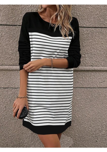 Kadın Bisiklet Yaka Uzun Kol Çizgili Iki Iplik Kumaş Mini Boy Elbise fiyatları