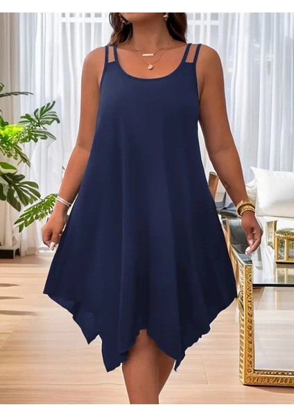 Kadın Askılı Yuvarlak Asimetrik Kesim Detaylı Viskon Elbise modelleri