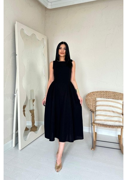 Siyah Yanları Büzgülü Midi Boy Keten Elbise