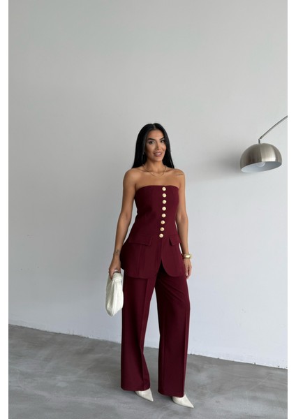 Tasarım Gold Düğmeli Straplezyelek - Bordo fırsatları