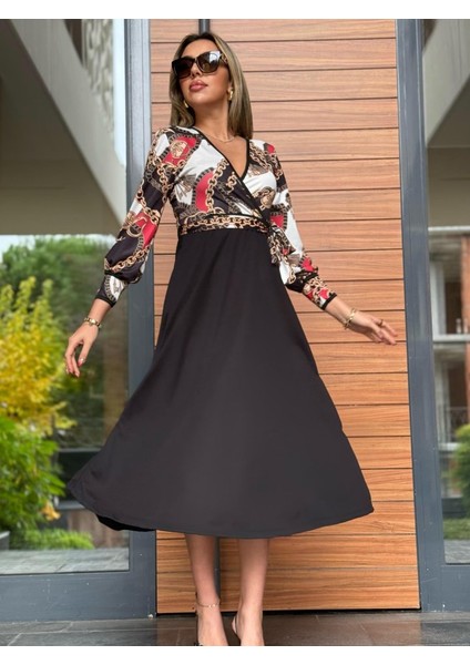 Kadın Uzun Kollu Kruvaze Yaka Dalgıç Krep Midi Boy Elbise modelleri