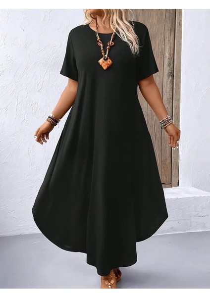 Kadın Kısa Kollu Bisiklet Yaka Cepli Salaş Viskon Elbise