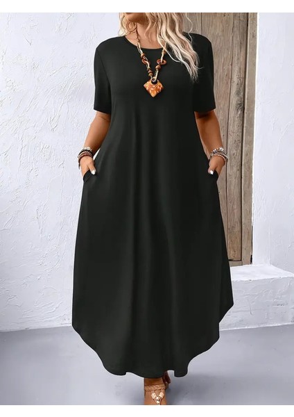 Kadın Kısa Kollu Bisiklet Yaka Cepli Salaş Viskon Elbise fiyatları