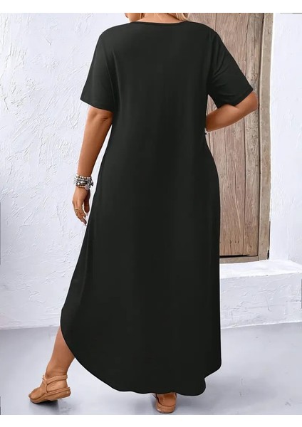 Kadın Kısa Kollu Bisiklet Yaka Cepli Salaş Viskon Elbise modelleri