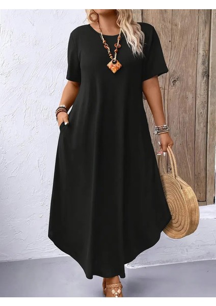 Kadın Kısa Kollu Bisiklet Yaka Cepli Salaş Viskon Elbise fırsatları