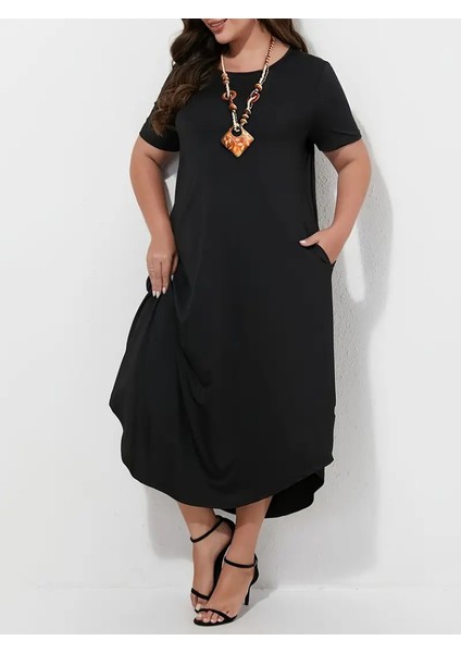 Kadın Kısa Kollu Bisiklet Yaka Cepli Salaş Viskon Elbise indirimleri