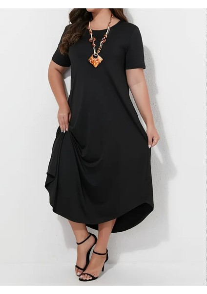 Kadın Kısa Kollu Bisiklet Yaka Cepli Salaş Viskon Elbise