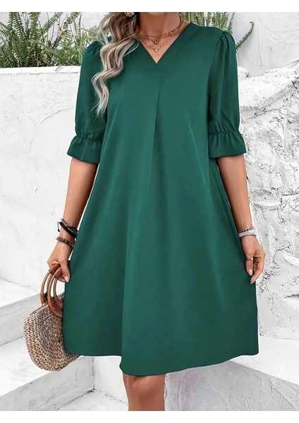 Kadın Kısa Kollu V Yakalı Salaş Janjan Krep Elbise modelleri