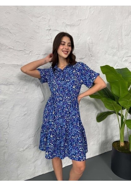 Baskılı Keten Elbise - Lacivert-Beyaz