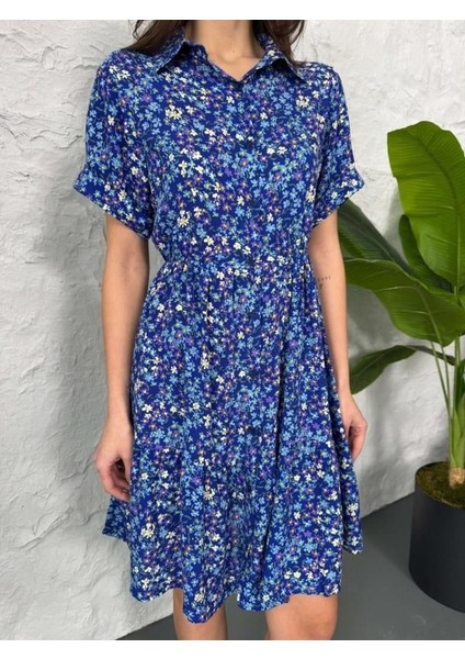 Baskılı Keten Elbise - Lacivert-Beyaz fiyatları