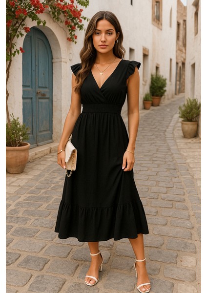 Kadın Kısa Kollu Kruvaze Yakalı Beli Lastikli Müslim Elbise