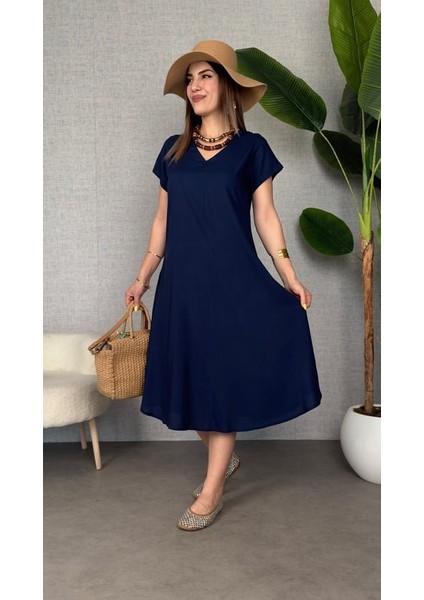 Kadın Kısa Kollu V Yaka Salaş Maxi Boy Elbise