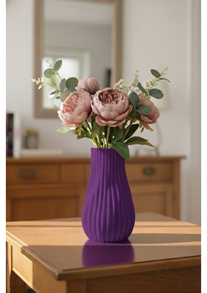 Kıvrımlı Çizgi Dokulu Modern Dekoratif Vazo Mor (23X13CM)