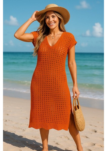 Kadın Sıfır Kol V Yaka Yanı Derin Yırtmaçlı Midi Boy Triko Elbise