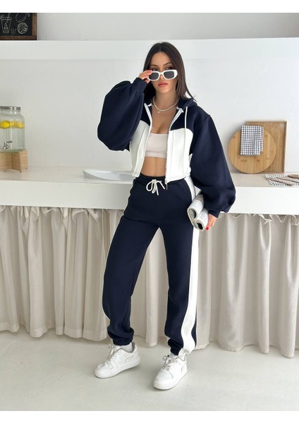 Kadın Üç Iplik %100 Pamuk Oversize Eşofman Takımı - Şardonlu Korse ve Şerit Detaylı Rahat Kesim