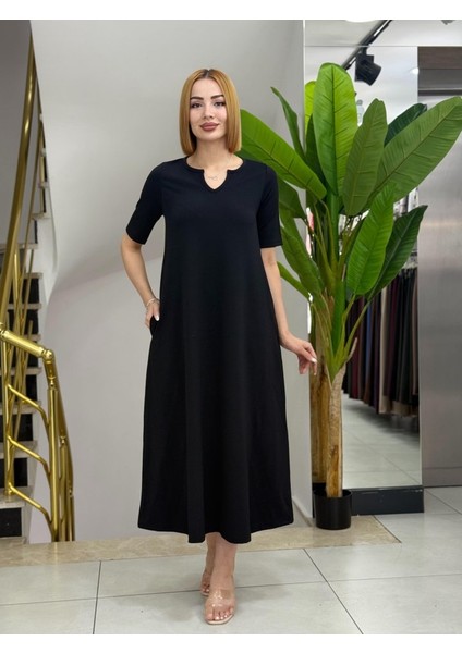 Kadın Kısa Kollu V Yakalı Cep Detaylı Uzun Janjan Krep Elbise