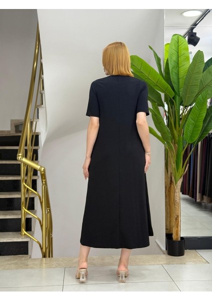 Kadın Kısa Kollu V Yakalı Cep Detaylı Uzun Janjan Krep Elbise modelleri