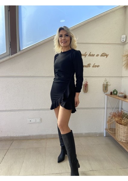 Kadın Uzun Kollu Bisiklet Yaka Önden Volanlı Ithal Krep Elbise