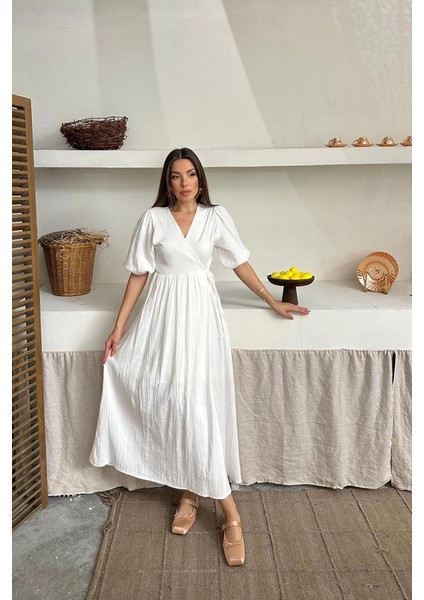Ekru Müslin Uzun Elbise