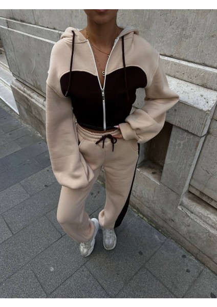 Kadın Üç Iplik %100 Pamuk Oversize Eşofman Takımı - Şardonlu Korse ve Şerit Detaylı Rahat Kesim