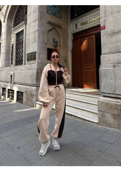 Kadın Üç Iplik %100 Pamuk Oversize Eşofman Takımı - Şardonlu Korse ve Şerit Detaylı Rahat Kesim fırsatları