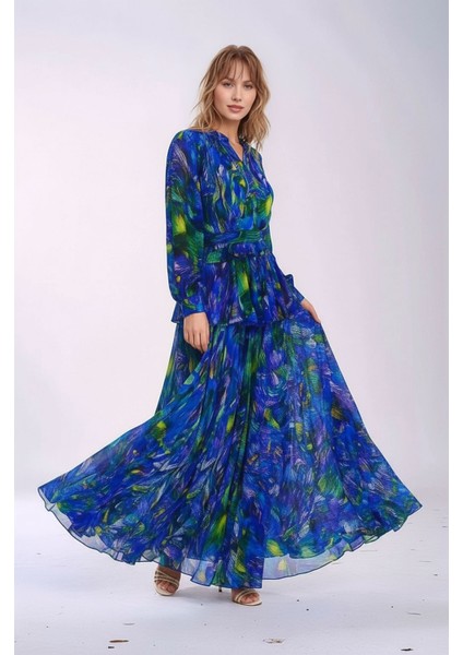 Kadın Gömlek Yaka Tül Şifon Beli Asimetrik Katlı Tesesttüre Uygun Maxi Boy Uzun Kol Abiye Elbise