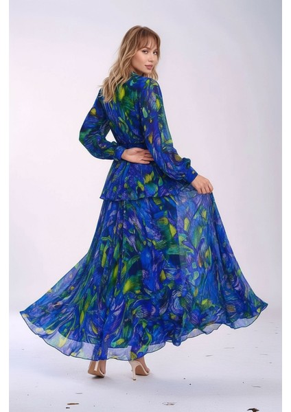 Kadın Gömlek Yaka Tül Şifon Beli Asimetrik Katlı Tesesttüre Uygun Maxi Boy Uzun Kol Abiye Elbise fiyatları