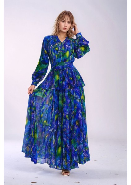 Kadın Gömlek Yaka Tül Şifon Beli Asimetrik Katlı Tesesttüre Uygun Maxi Boy Uzun Kol Abiye Elbise modelleri