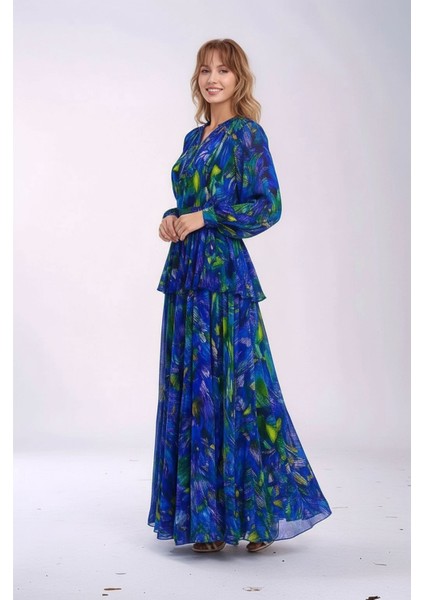 Kadın Gömlek Yaka Tül Şifon Beli Asimetrik Katlı Tesesttüre Uygun Maxi Boy Uzun Kol Abiye Elbise fırsatları