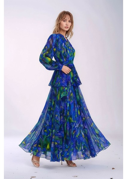 Kadın Gömlek Yaka Tül Şifon Beli Asimetrik Katlı Tesesttüre Uygun Maxi Boy Uzun Kol Abiye Elbise indirimleri