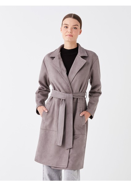 Yeni Sezon Ceket Yaka Düz Uzun Kollu Süet Kadın Trençkot