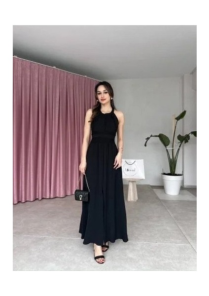 Kadın Krinkil Kumaş Beli Gipeli Halter Yaka Maxi Boy Elbise