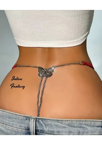 Intive Fantasy Arkası Kelebekli Çift Zincirli Önü Dantelli Ayarlanabilir G-String