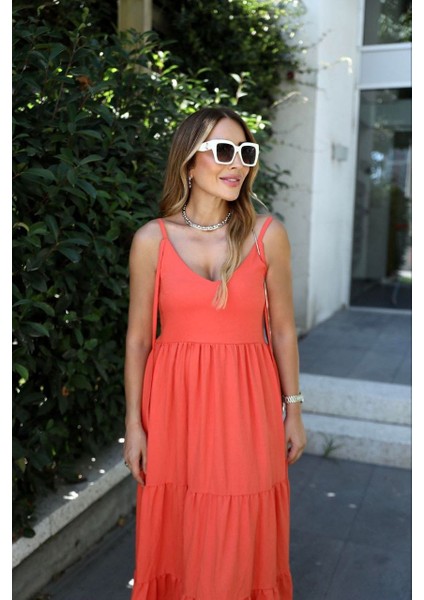 Kadın Keten Kumaş Askılı ve Volanlı Midi Boy Elbise fiyatları