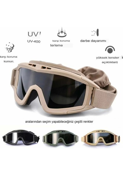 Taktikal Gözlük 3 Lensli Koruyucu Maske / Tactical Gözlük / Airsoft ve Motosiklet Gözlüğü modelleri