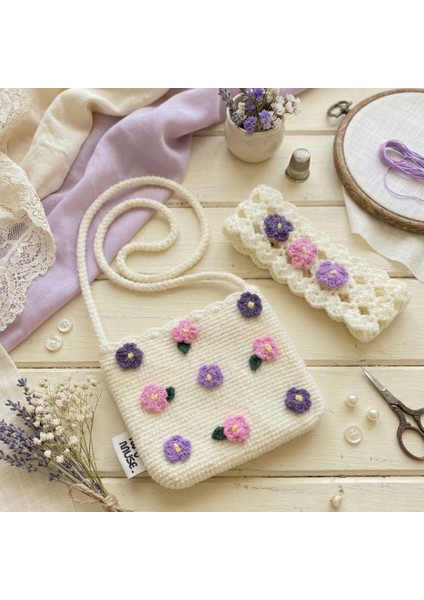 El Örgüsü Kır Çiçekli Kız Çocuk Omuz Çantası ve Saç Bandı Seti - Little Meadow Serisi - Krem