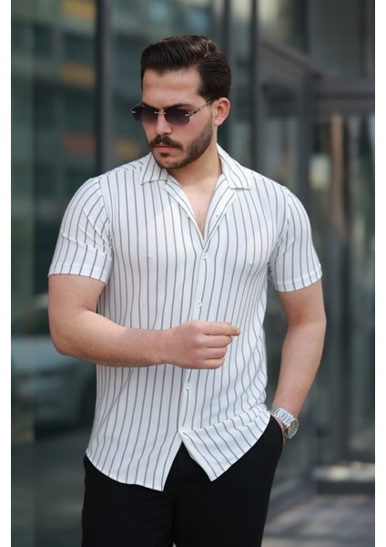 Erkek Kısa Kollu Gri Çizgi Desenli Örme Kumaş Pamuklu Gömlek