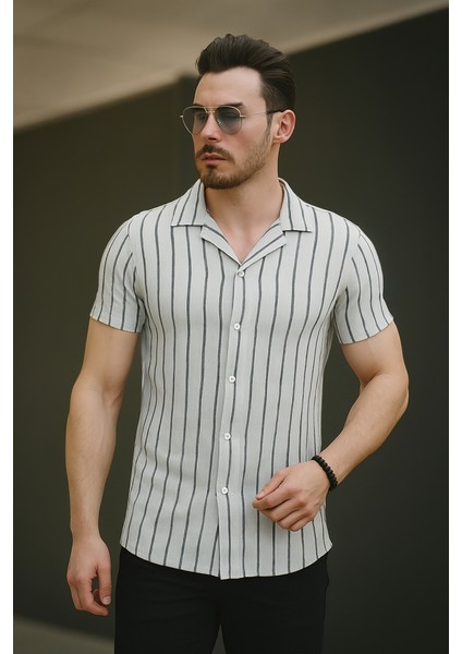 Erkek Kısa Kollu Gri Çizgi Desenli Örme Kumaş Pamuklu Gömlek