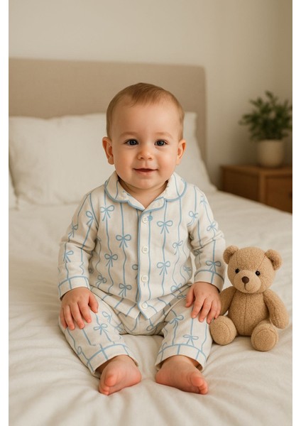 Erkek Kız Bebek Unısex Fiyonk Desenli Pamuklu Alt Üst 2 Parça Pijama Takımı