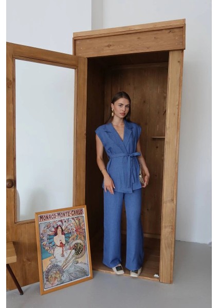 Keten Yelek Pantolon Takım Indigo Pt indirimleri