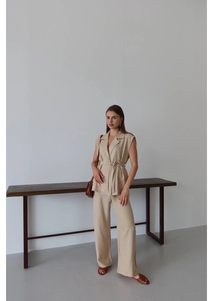 Keten Yelek Pantolon Takım Bej Pt fırsatları