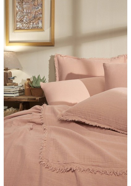 Sofia Çift Kişilik Lastikli Fitted Çarşaf Müslin Nevresim Takımı Pudra modelleri