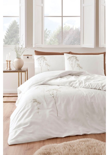 Elisa Çift Kişilik Nakışlı Saten Nevresim Takımı Bej