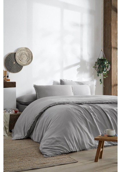 Sofia Battal Boy Lastikli Fitted Çarşaf Müslin Nevresim Takımı Gri