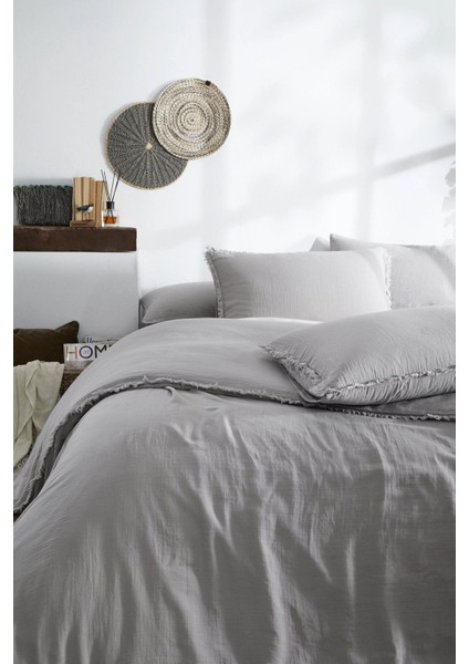 Sofia Battal Boy Lastikli Fitted Çarşaf Müslin Nevresim Takımı Gri modelleri