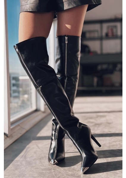 Lovren Mat Deri Fermuar Detaylı Çizme Siyah