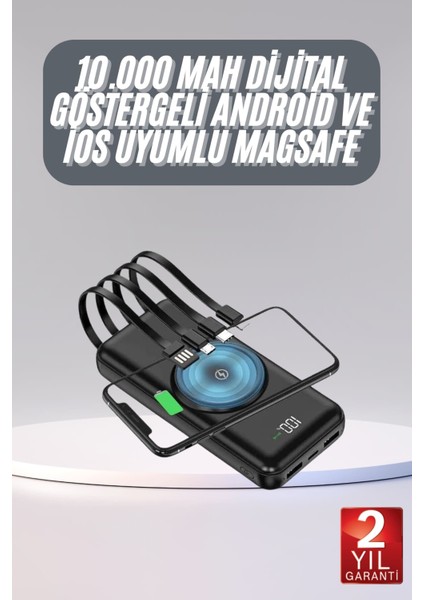 Kablosuz Çoklu Şarj Girişli 10.000 Mah Kablolu Powerbank Taşınabilir