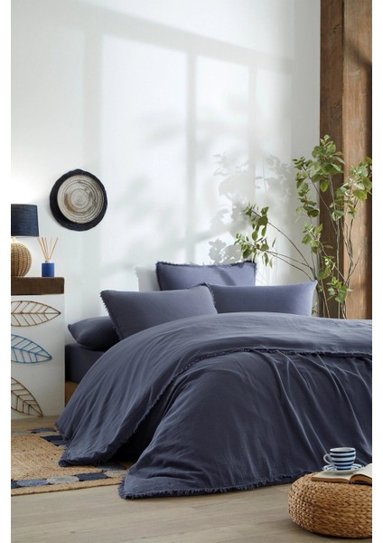 Sofia Battal Boy Lastikli Fitted Çarşaf Müslin Nevresim Takımı Indigo