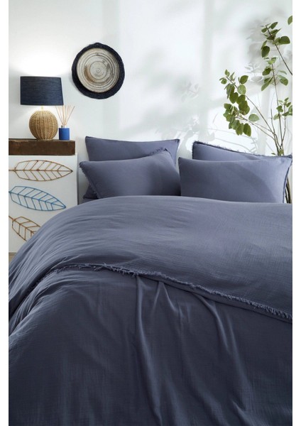 Sofia Battal Boy Lastikli Fitted Çarşaf Müslin Nevresim Takımı Indigo modelleri